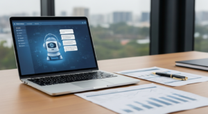 Notebook com interface de chatbot aberto sobre mesa de escritório com documentos financeiros