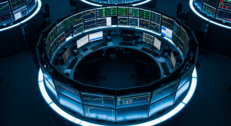 Sala de operações financeiras com monitores exibindo gráficos de mercado