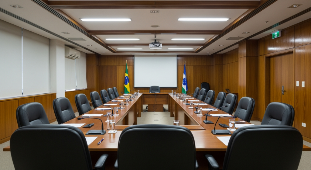 cadeiras vazias em sala de reuniões institucional