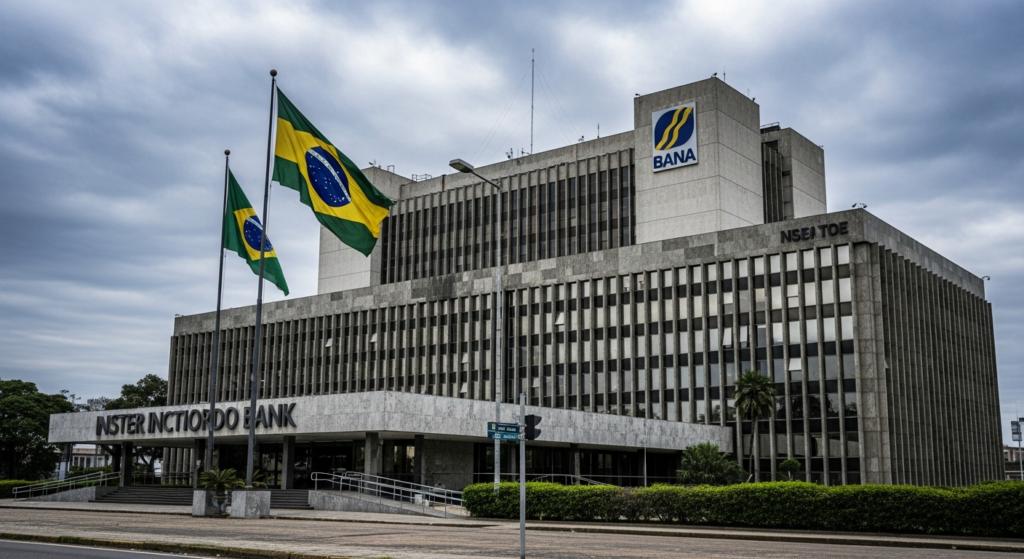 Fachada de grande edifício bancário institucional sob céu nublado