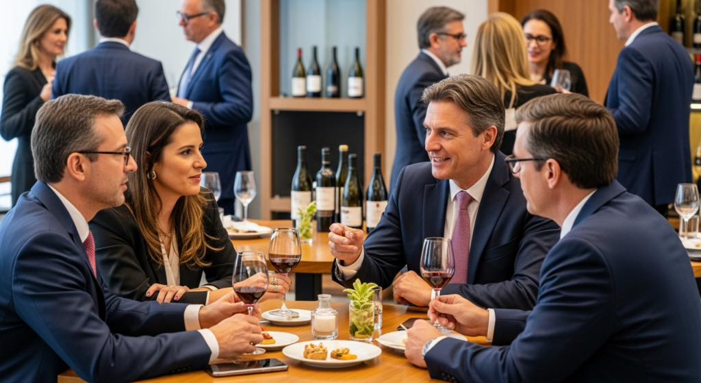 Grupo de profissionais em evento de networking de alta renda em ambiente elegante