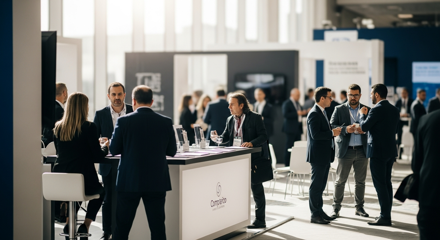 Stand de escritório de investimentos em evento de nicho de alta renda com profissionais interagindo