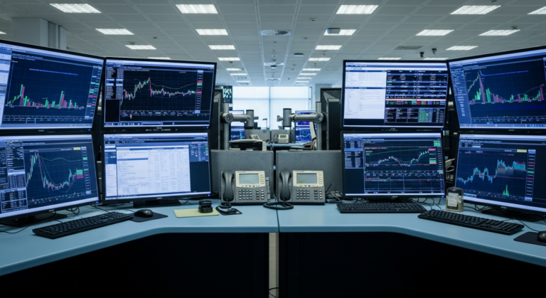 Mesa de operações com terminais financeiros e gráficos de derivativos em bolsa de valores