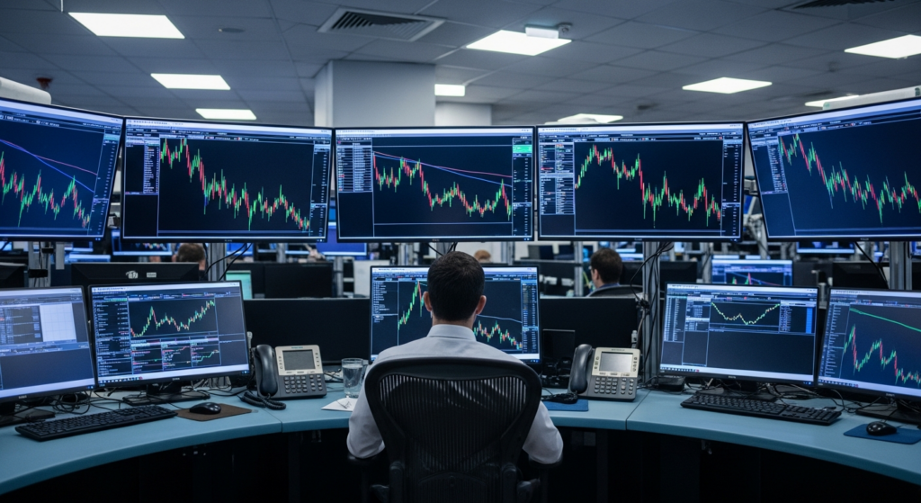 Sala de trading com gráficos de crédito privado em queda