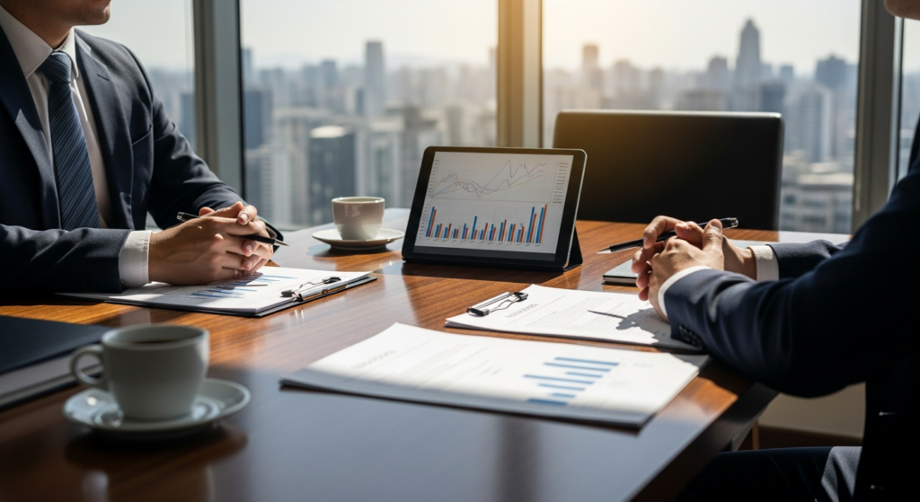 Assessor de investimentos apresentando relatório de transparência para cliente em reunião profissional