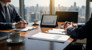Assessor de investimentos apresentando relatório de transparência para cliente em reunião profissional