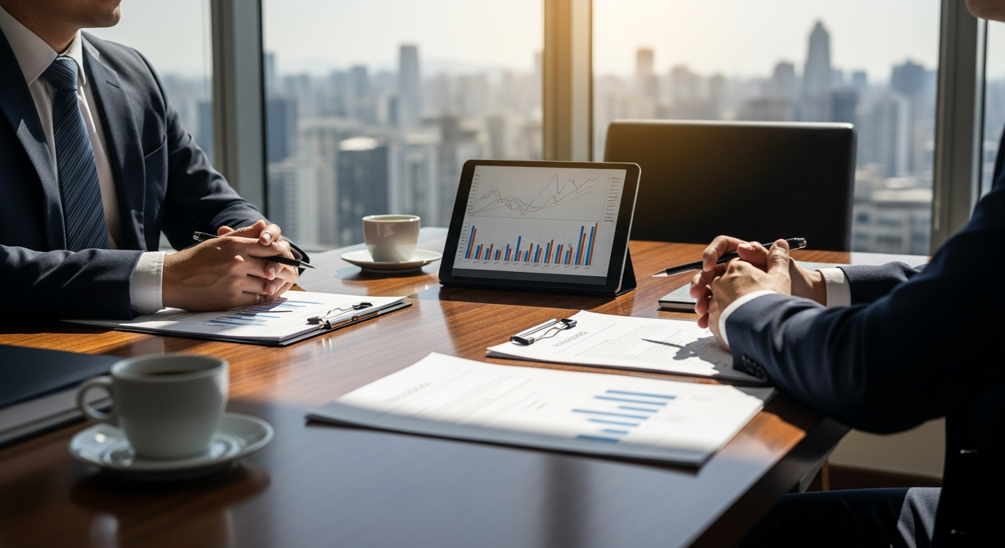 Assessor de investimentos apresentando relatório de transparência para cliente em reunião profissional