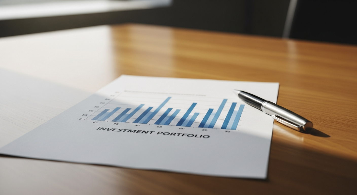 Relatório trimestral de investimentos com gráficos de performance sobre mesa de trabalho