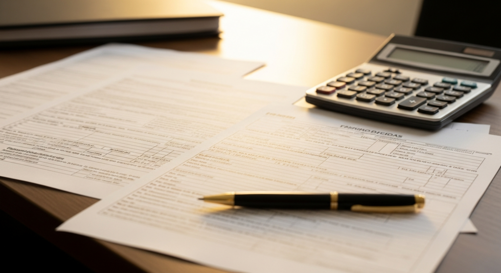 formulários fiscais e calculadora sobre mesa de trabalho
