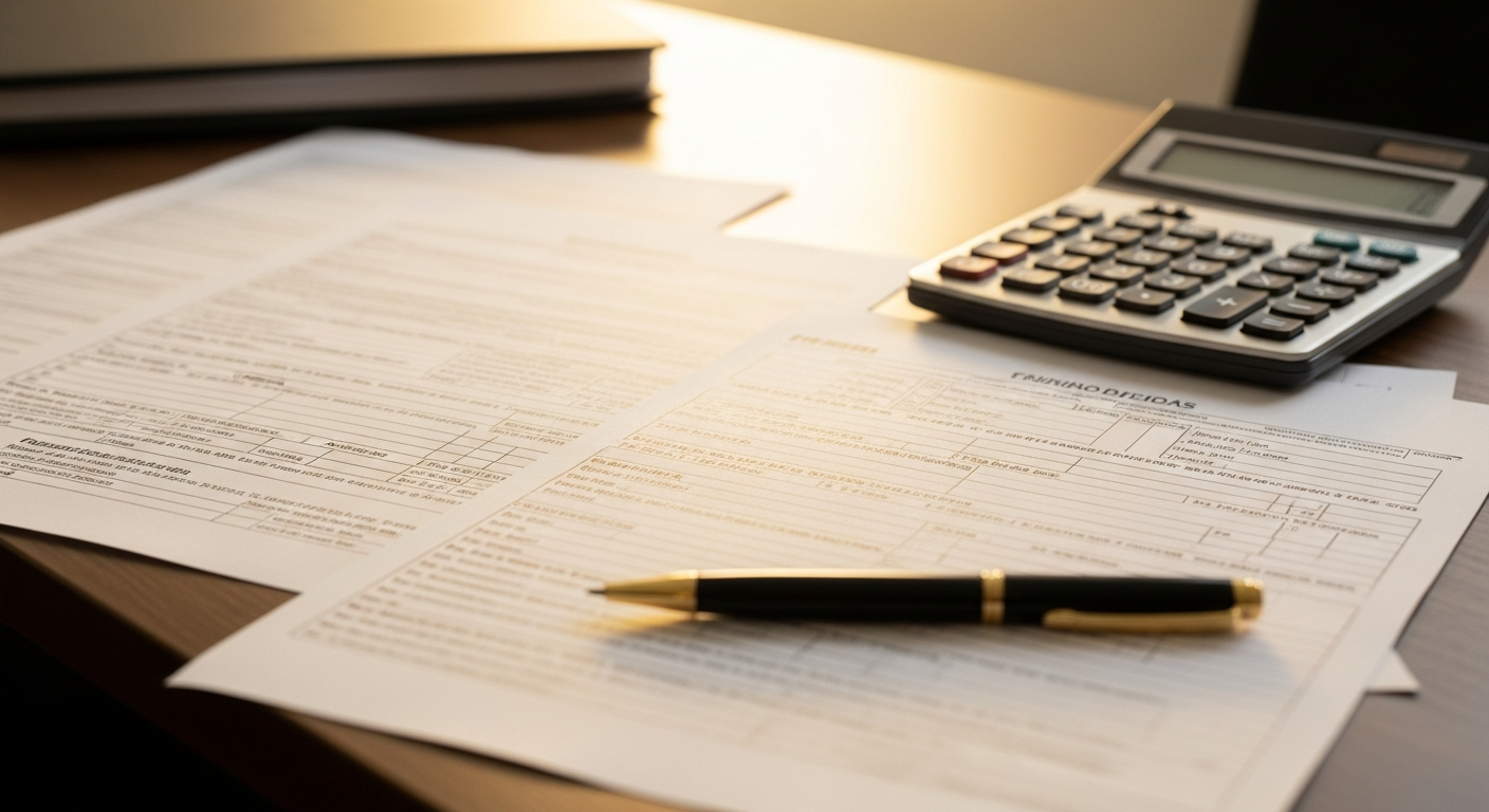formulários fiscais e calculadora sobre mesa de trabalho