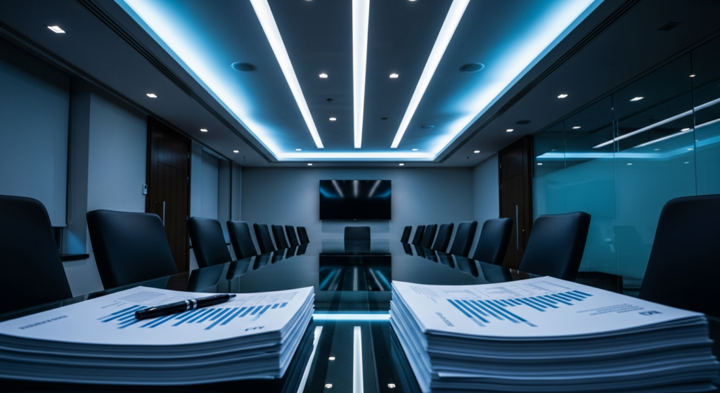 Sala de reunião corporativa com documentos financeiros sobre mesa de vidro, iluminação fria