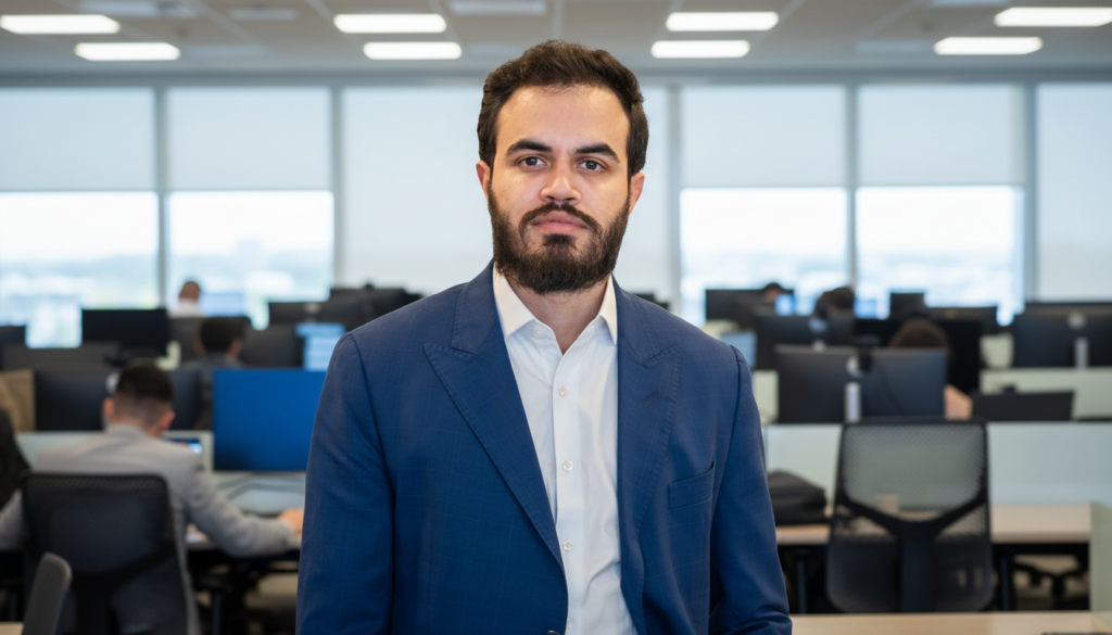 Assessor de investimentos com postura confiante em escritório moderno, traje profissional sem gravata