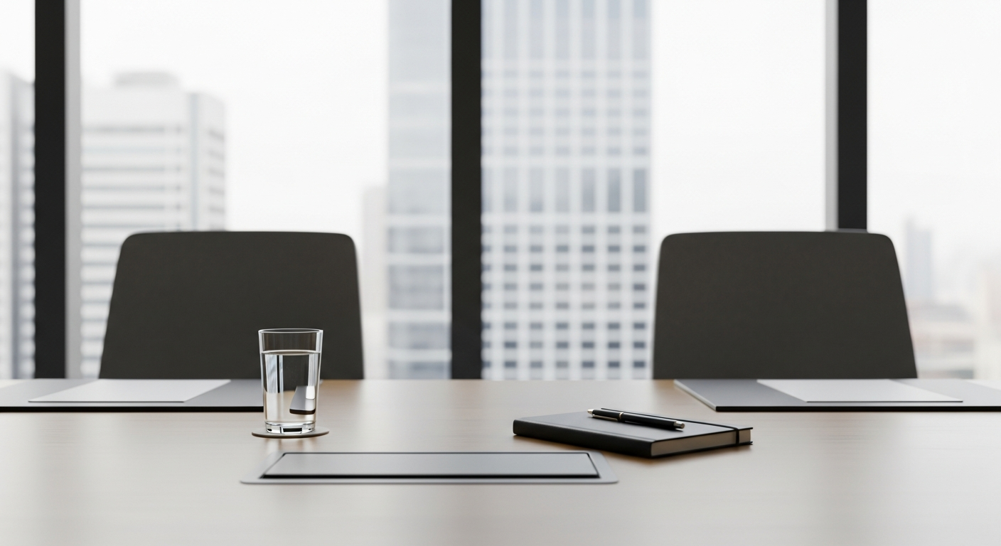 Mesa de reunião preparada em escritório corporativo moderno, ambiente limpo e profissional antes de reunião de assessoria financeira