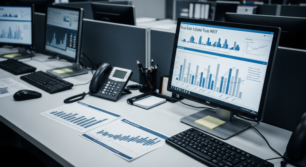 Mesa de operações com documentos e monitor mostrando gráficos de fundos imobiliários
