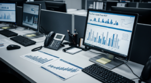 Mesa de operações com documentos e monitor mostrando gráficos de fundos imobiliários