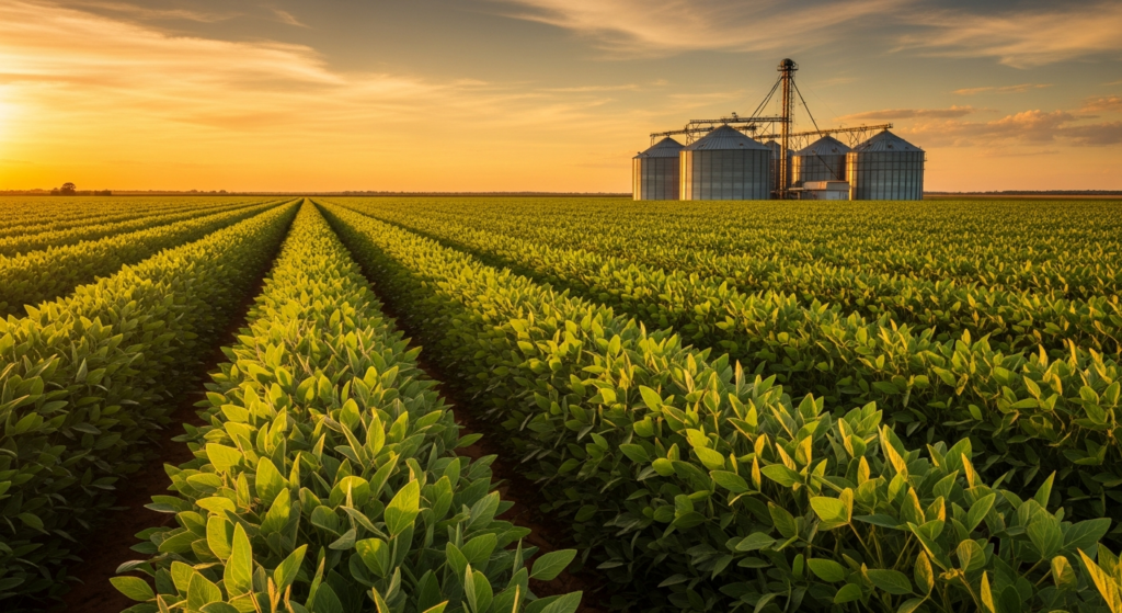 Plantação de soja com silos de armazenamento ao fundo ao pôr do sol