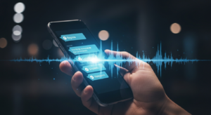 Smartphone exibindo aplicativo financeiro com ondas de voz em tela escura