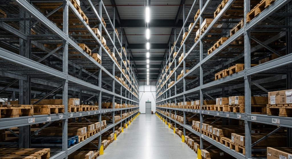 Interior de galpão logístico com corredor central e prateleiras metálicas altas