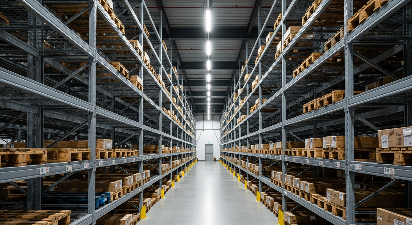 Interior de galpão logístico com corredor central e prateleiras metálicas altas