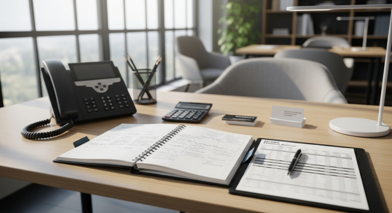 Mesa de assessor de investimentos com agenda e planilha de prospecção em escritório corporativo moderno