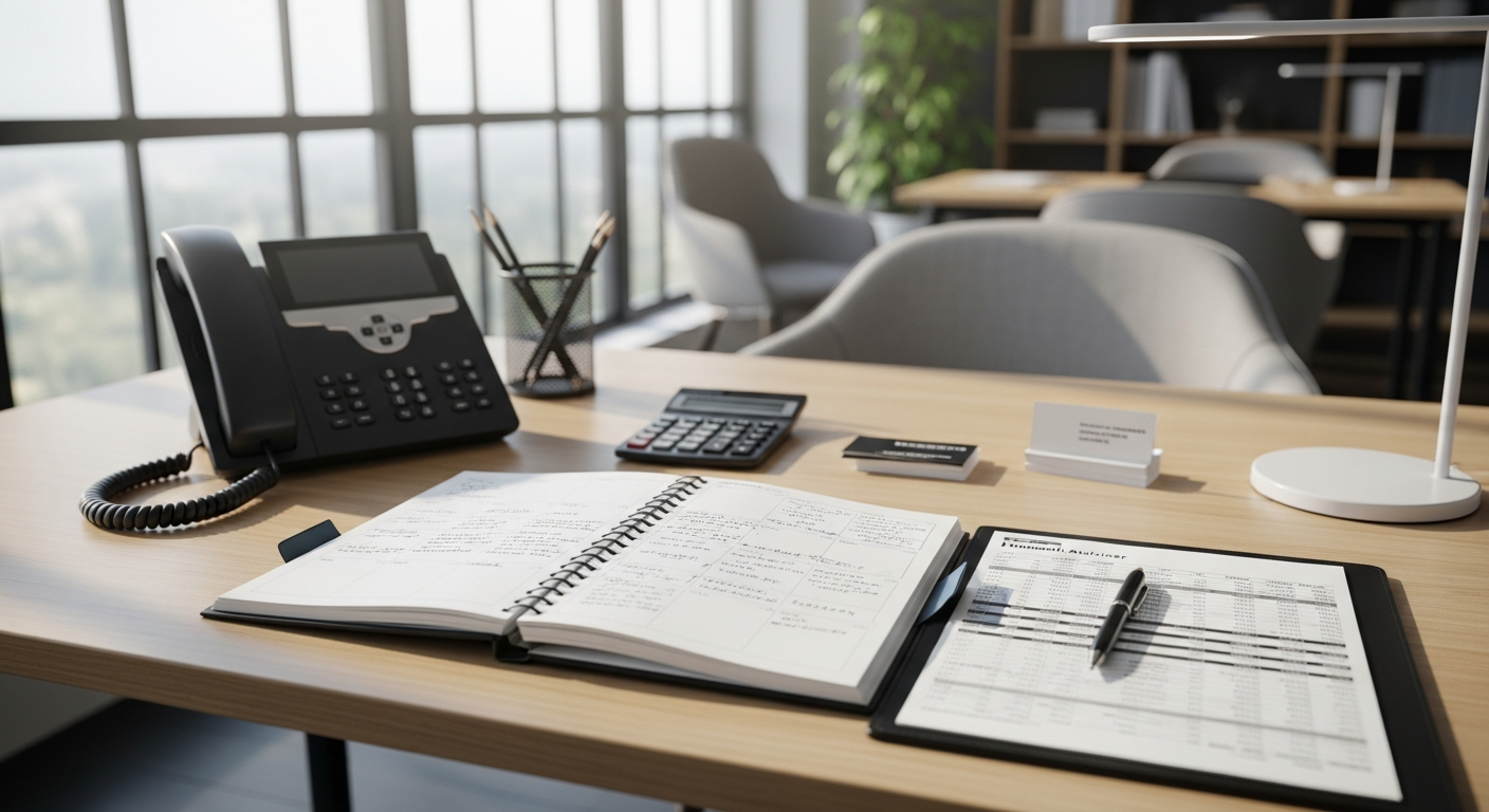 Mesa de assessor de investimentos com agenda e planilha de prospecção em escritório corporativo moderno