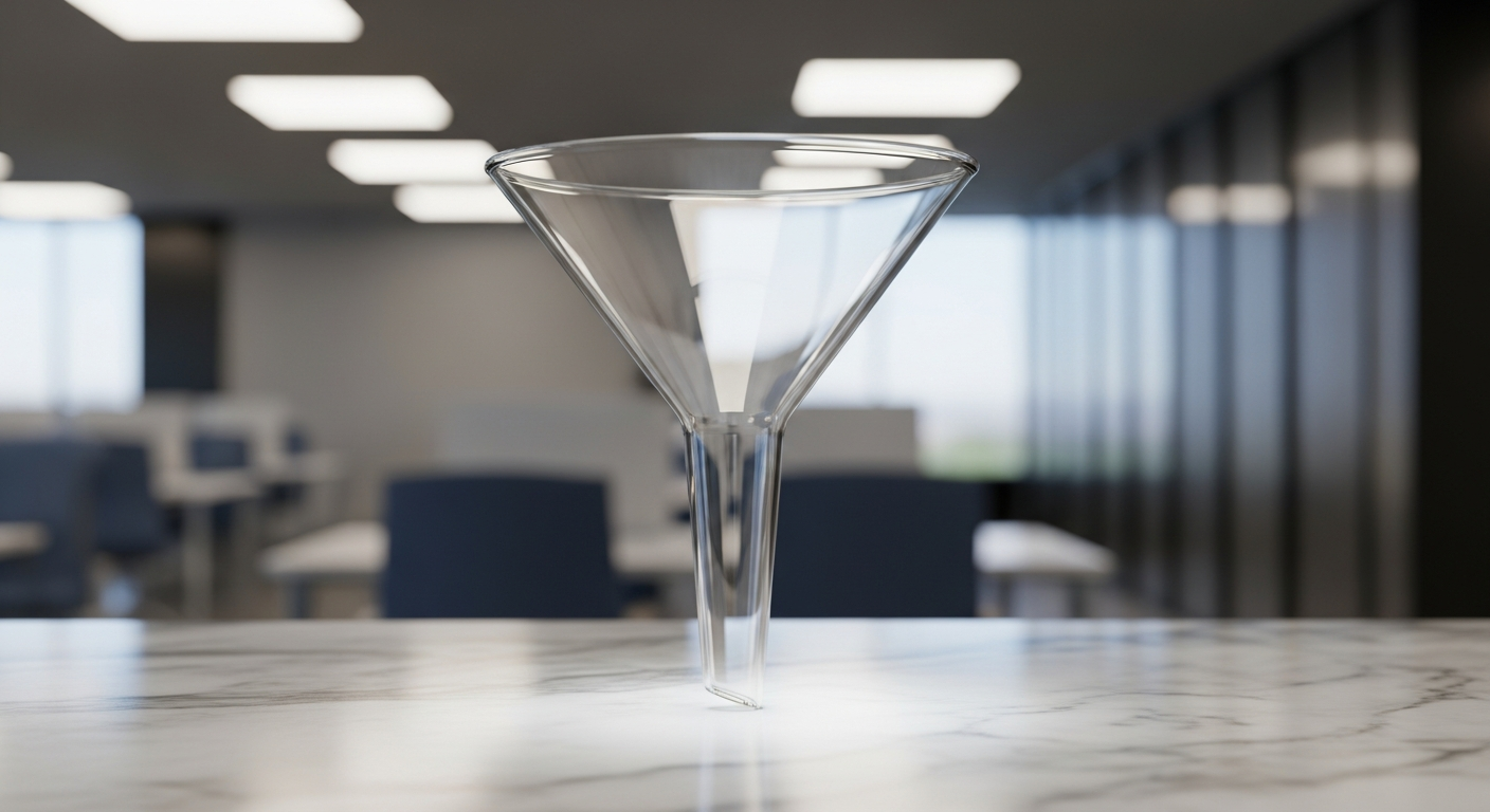 Funil representando pipeline de prospecção de assessor de investimentos em ambiente corporativo moderno