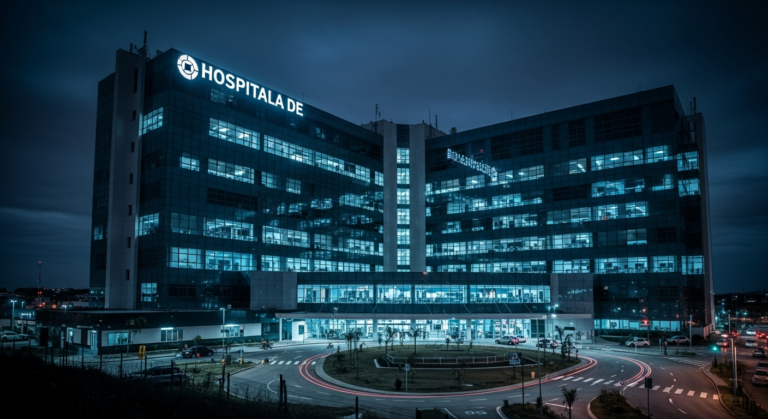 Fachada externa de grande hospital moderno iluminado à noite