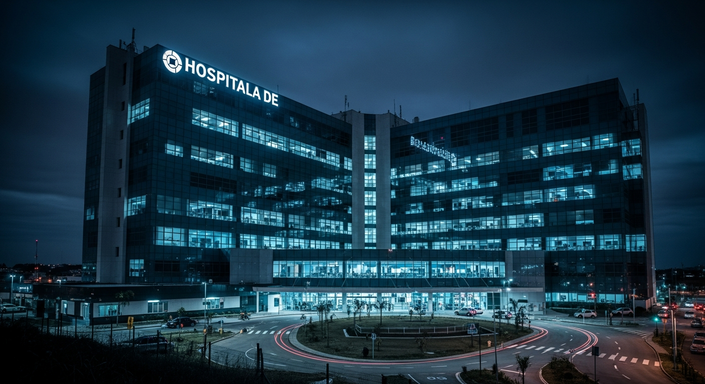 Fachada externa de grande hospital moderno iluminado à noite