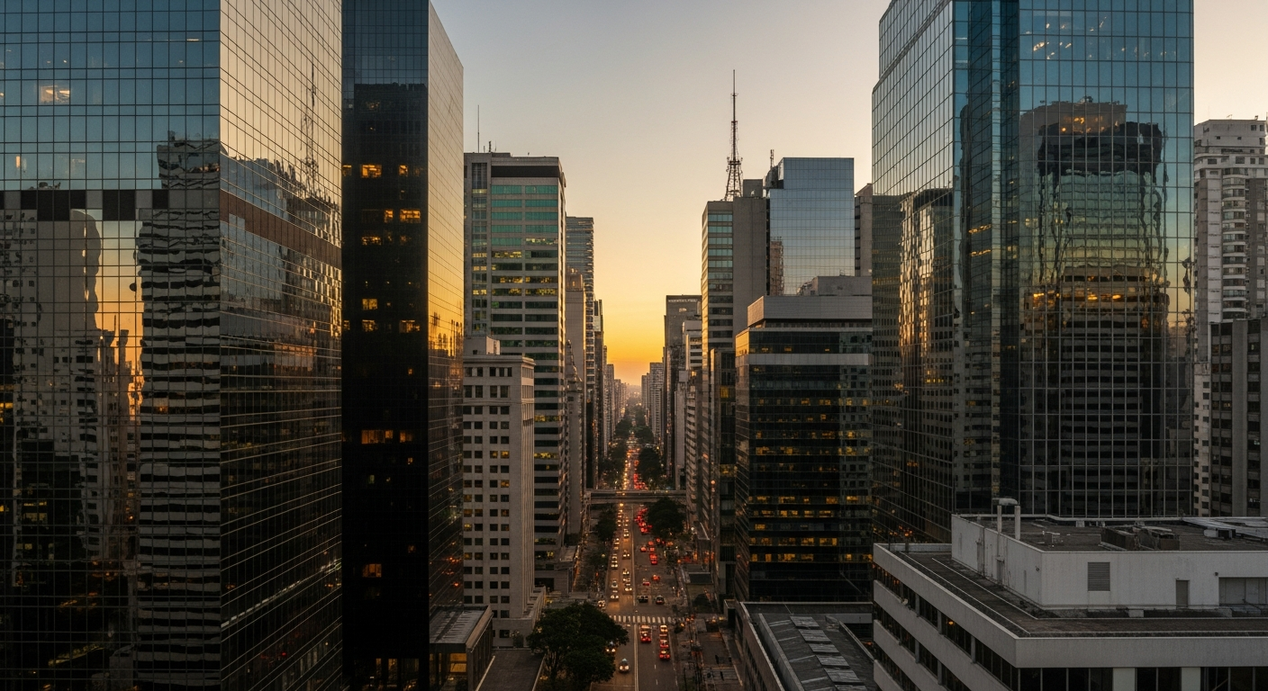 Vista aérea do centro financeiro de São Paulo ao entardecer com prédios de vidro