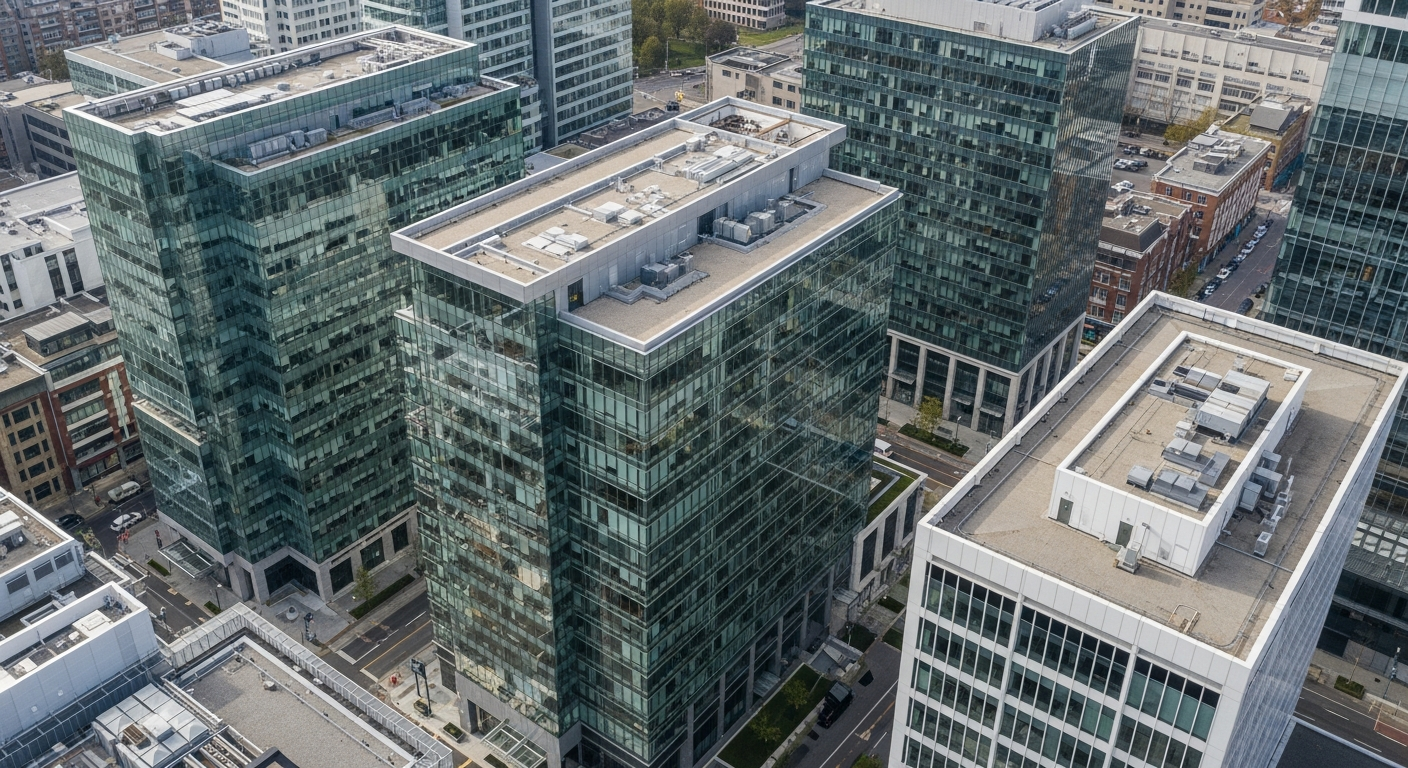 Distrito financeiro com arranha-céus de vidro visto de cima em perspectiva aérea, representando consolidação do mercado financeiro