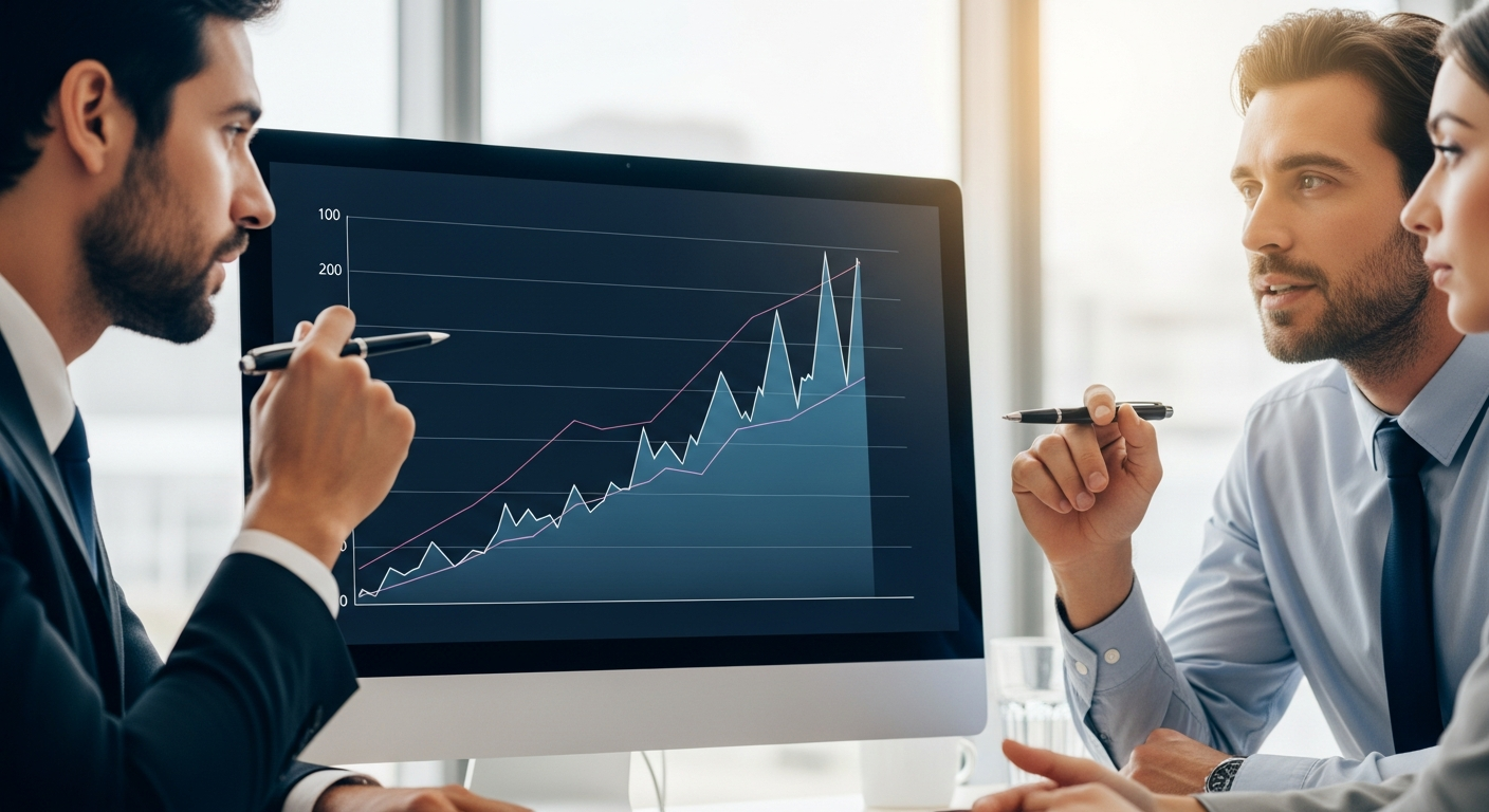 Dois profissionais do mercado financeiro analisando gráficos em monitor de computador em ambiente corporativo