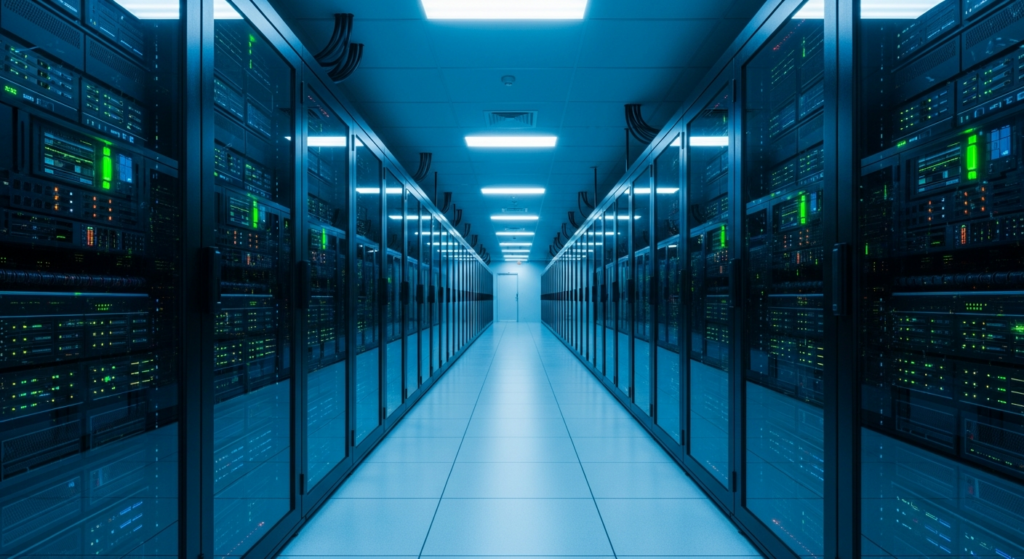 Centro de dados financeiro moderno com servidores em azul e verde