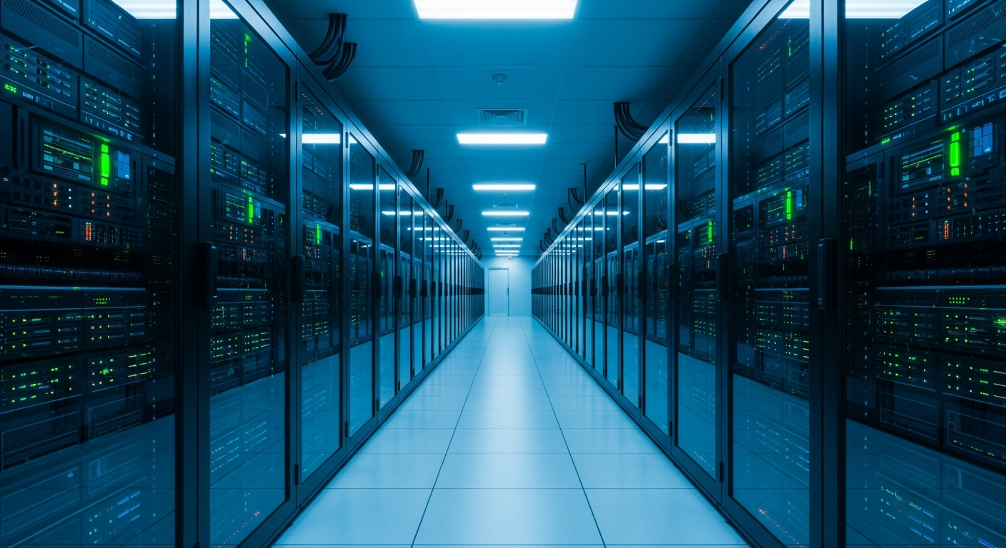 Centro de dados financeiro moderno com servidores em azul e verde