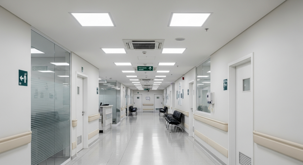 Corredor de clínica privada moderna com iluminação branca