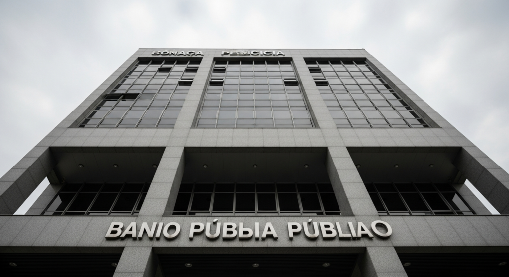 Fachada de banco público fotografada de baixo para cima com céu nublado ao fundo