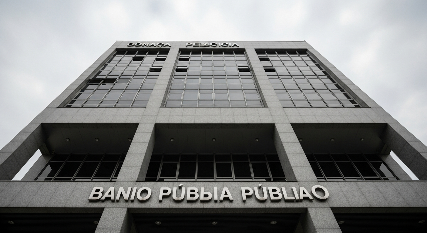 Fachada de banco público fotografada de baixo para cima com céu nublado ao fundo