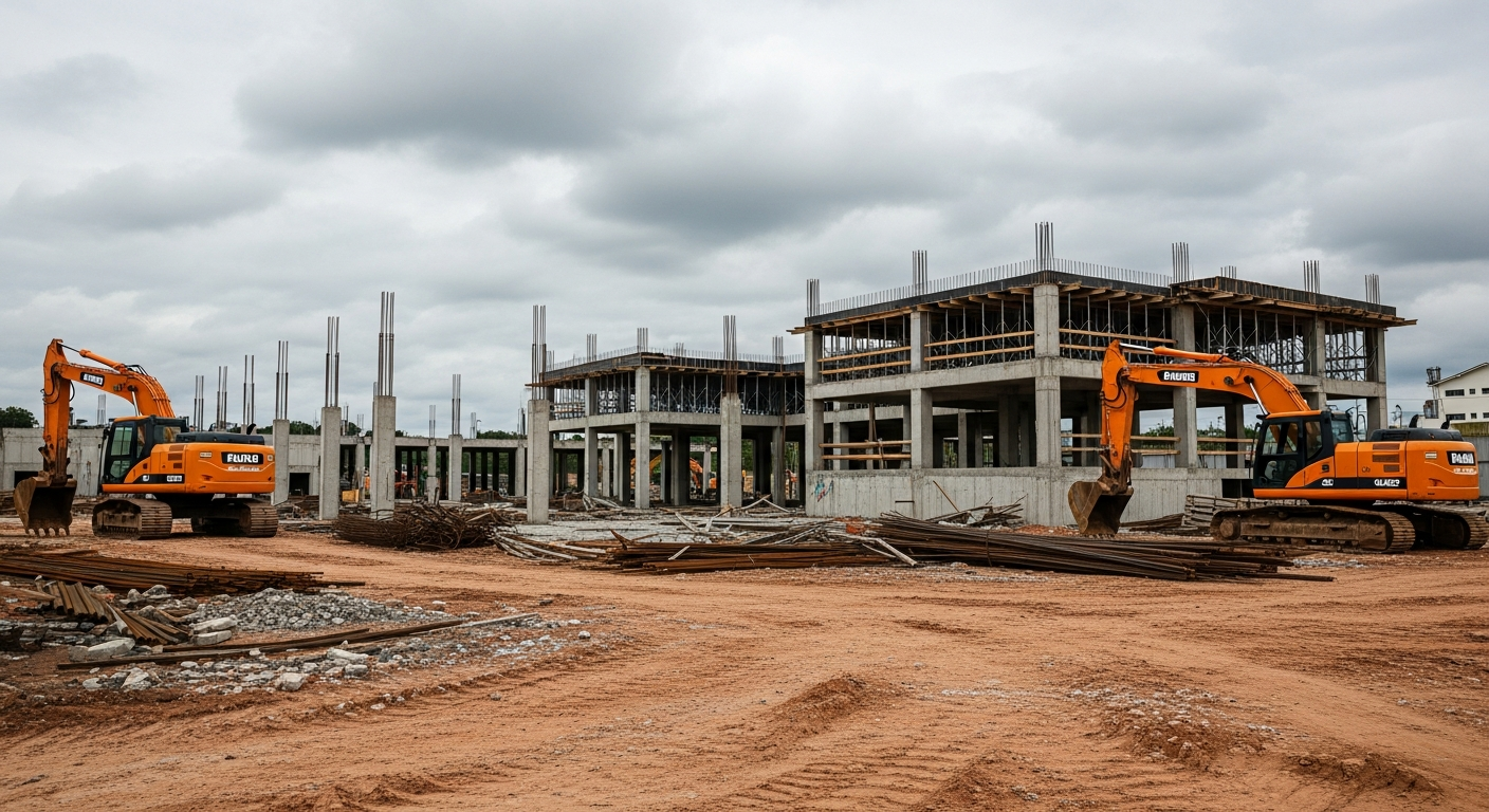 Canteiro de obras abandonado com estrutura inacabada e maquinário parado