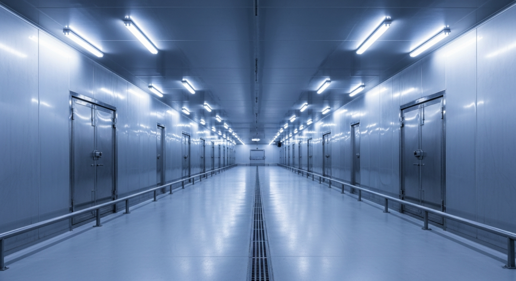 Corredor de frigorífico industrial vazio com estruturas de aço e iluminação fria