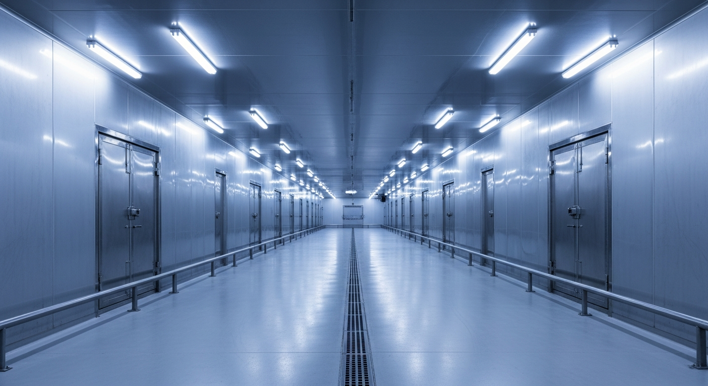 Corredor de frigorífico industrial vazio com estruturas de aço e iluminação fria