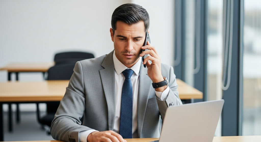 Assessor de investimentos fazendo ligação importante para cliente em escritório corporativo moderno, postura atenta e focada