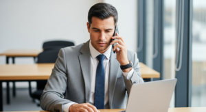Assessor de investimentos fazendo ligação importante para cliente em escritório corporativo moderno, postura atenta e focada