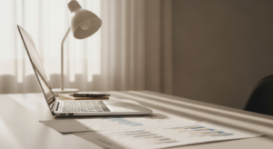 Mesa executiva com notebook e documentos financeiros sob luz natural