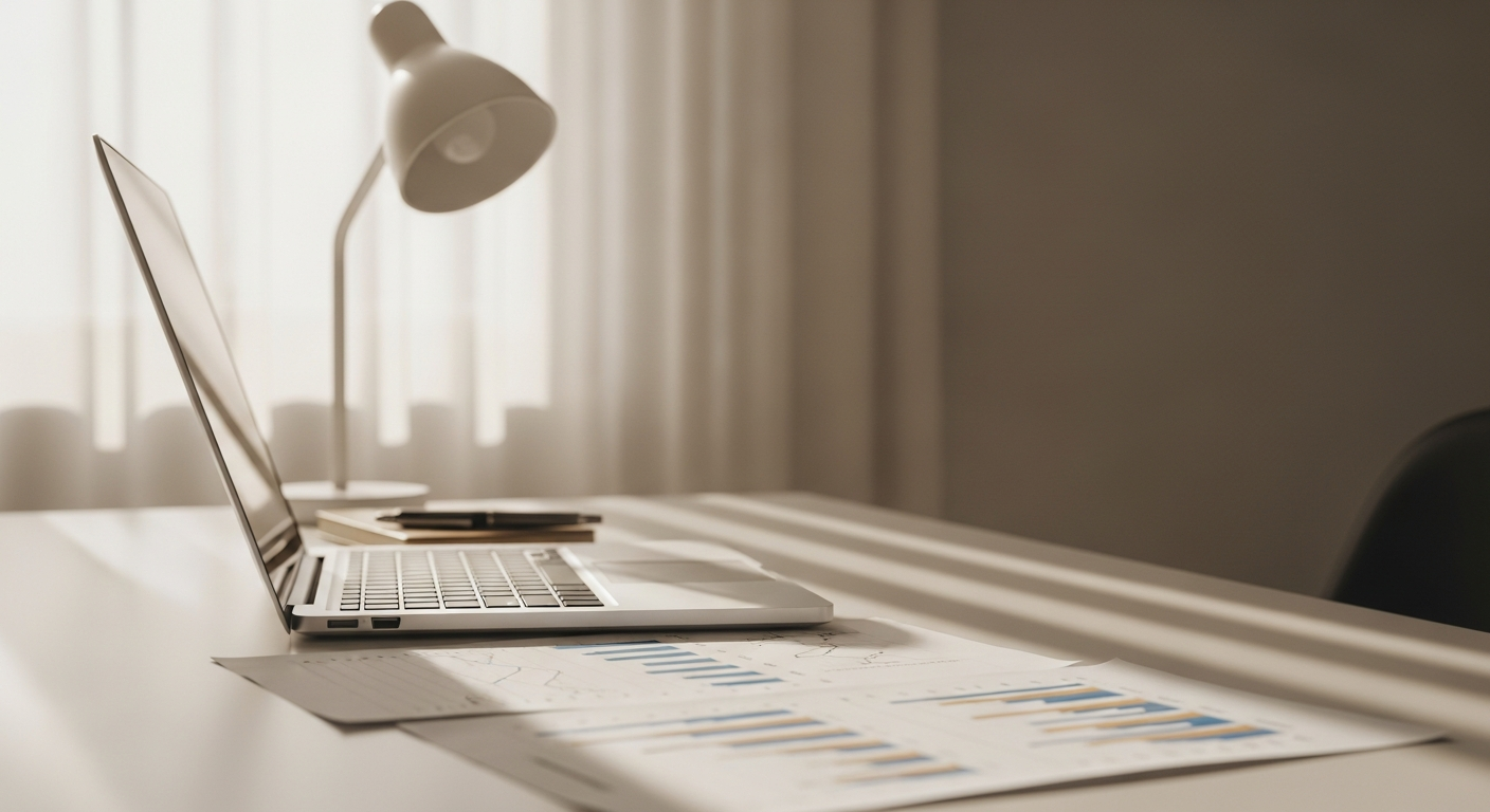 Mesa executiva com notebook e documentos financeiros sob luz natural