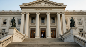 Fachada de prédio institucional fotografada de baixo pra cima com luz de fim de tarde