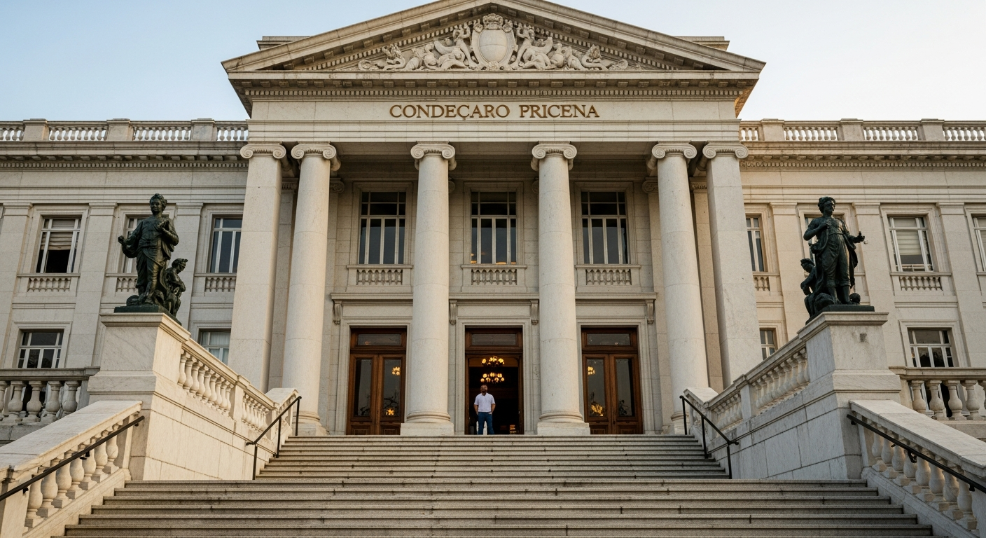 Fachada de prédio institucional fotografada de baixo pra cima com luz de fim de tarde