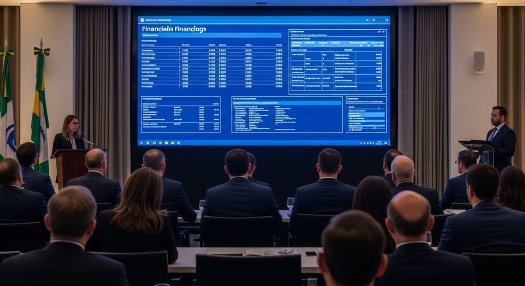 Conferência corporativa sobre tecnologia financeira com plateia de executivos