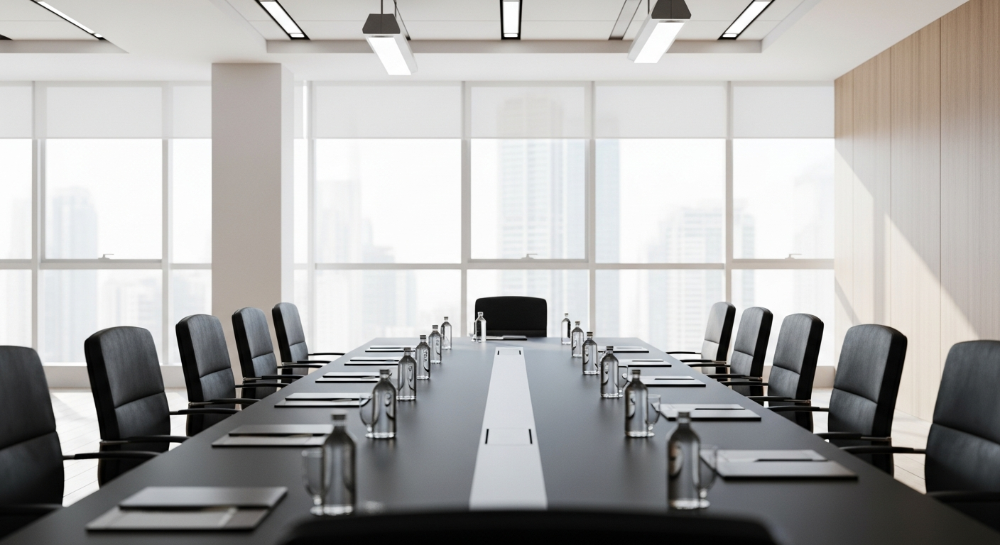 Sala de reunião corporativa vazia com luz natural, representando ambiente de decisões regulatórias