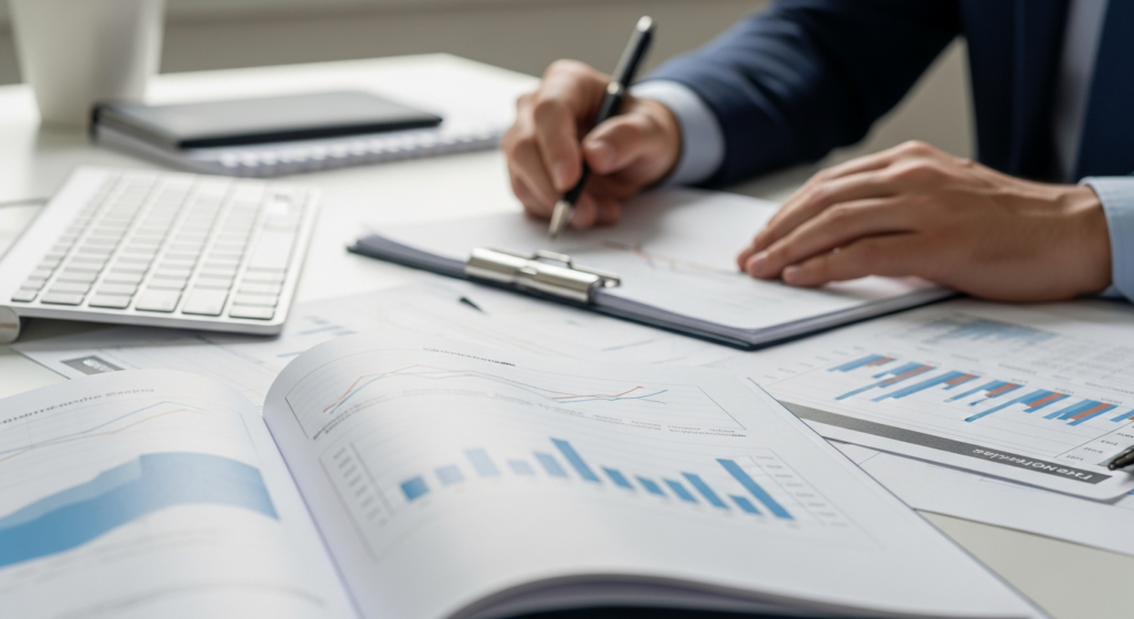 Mesa de trabalho com documentos financeiros e gráficos de crescimento