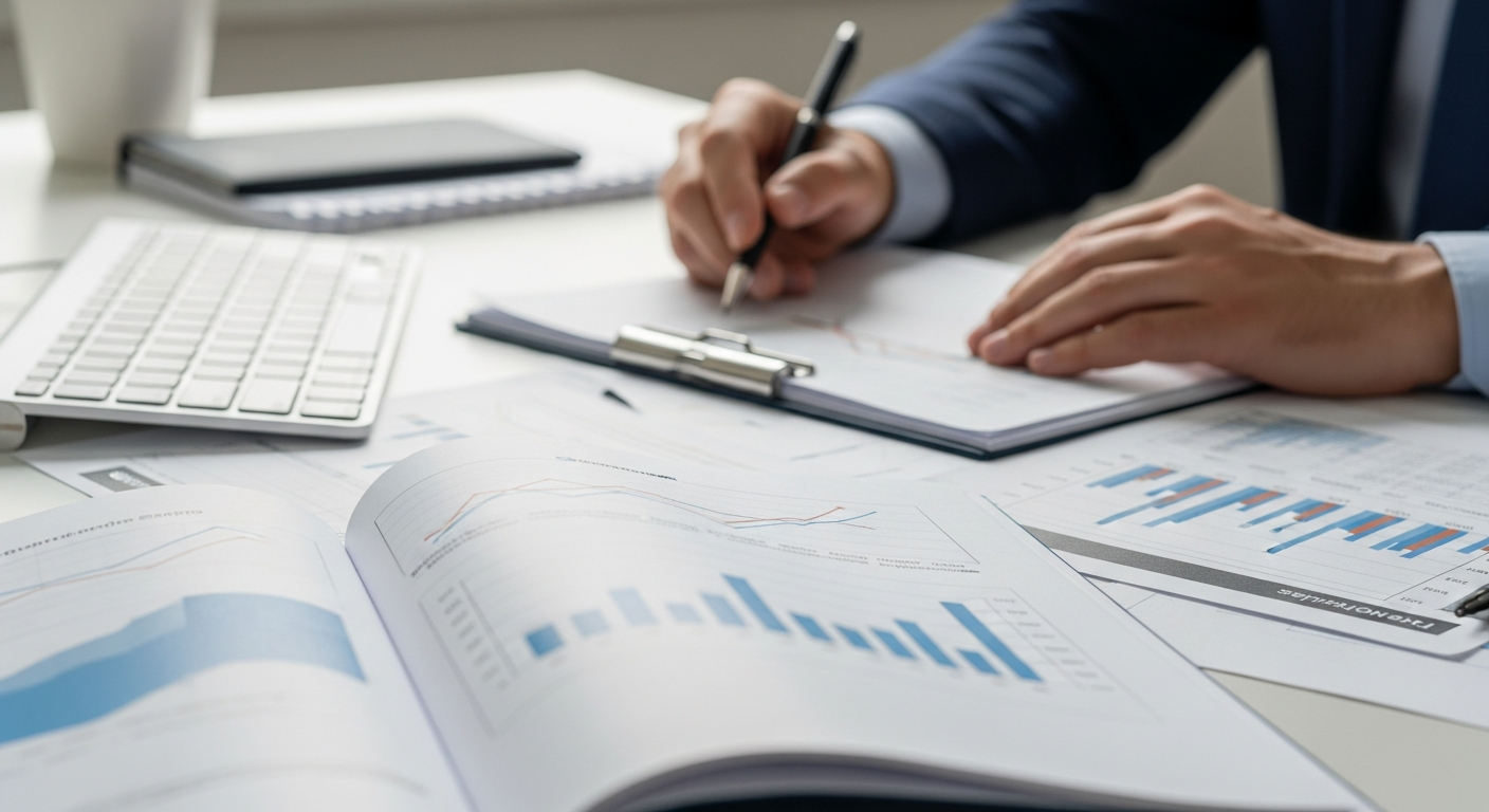 Mesa de trabalho com documentos financeiros e gráficos de crescimento