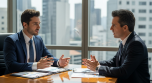 Assessor de investimentos em reunião com cliente discutindo estratégia de alocação de patrimônio em escritório corporativo